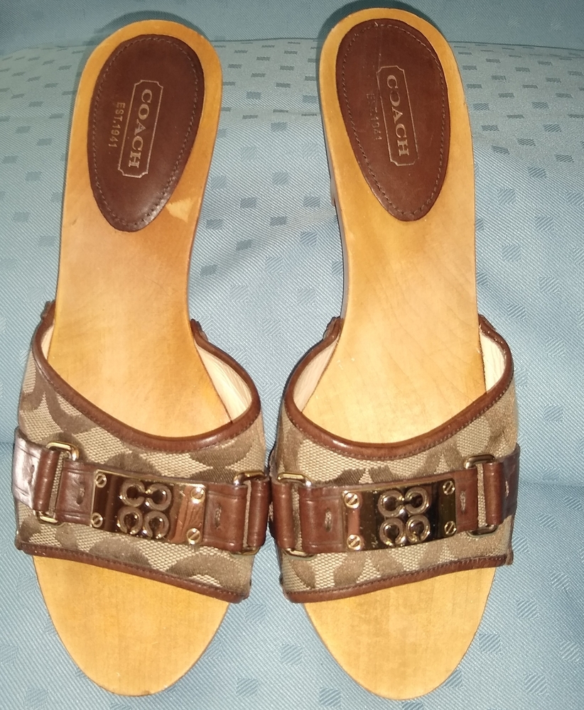 Coach Brown Signature Canvas Slide Mules with Gold Tone Hardware
